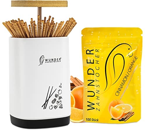 Zahnstocherspender von Wunder Zahnstocher - Spender mit easy-lift Funktion - Zahnstocherhalter + 1 Refill Pack (100 Zahnstocher) - Zahnstocher mit Geschmack (SPENDER + ZIMT/ORANGE REFILL)