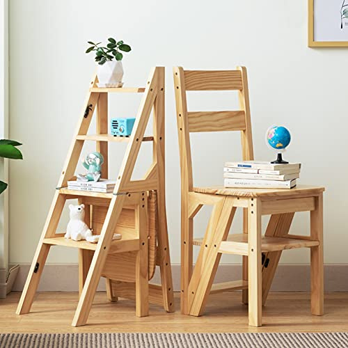 Folding Step Ladder Chair - Wooden Foldable Ladder Stool Shelf - Library Steps Bookshelf Plant Stand for Storage and Decoration - Natural Solid Wood Color