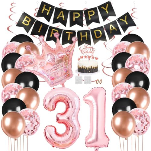 Juland 31. Geburtstag Deko Männer Frauen Schwarz Rose Gold Geburtstagsdeko Mädchen Junge Happy Birthday Banner 31 Jahre Geburtstag Nummer Folienballons Krone Konfetti Luftballons Tortenaufsatz