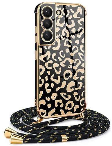 Mkej Frauen Mädchen Handykette Kompatibel mit Samsung Galaxy S22 - Silikon Hülle mit Band - Handyhülle für Samsung Galaxy S22 Leopard Design Galvanik - Hülle mit Kordel in Gold Leopard