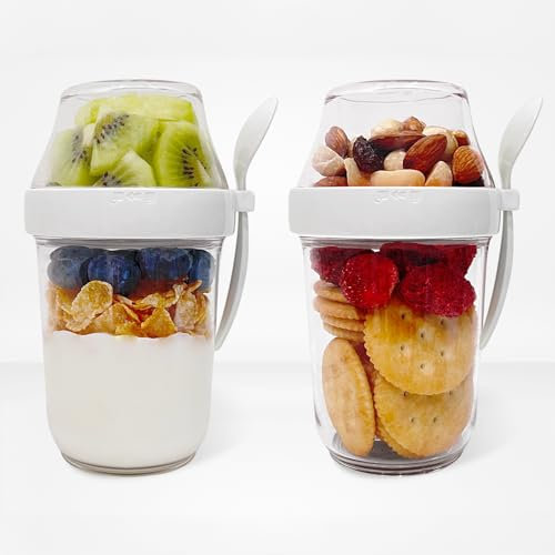 Felli On the Go Yogurt Parfait Snack Cup 12 oz with Spoon & Lid, 100% Leak Proof Granola Holder for To Go Breakfast Cereal Fruit Overnight Oats Container Reusable, Travel Hiking Camping (2, White)
