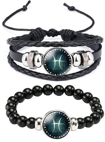 Caimeytie 2 Stück Sternbild Armband für Mädchen,Tierkreiszeichen,Lederarmband Set,einstellbar,handgefertigte gewebte Armbänder,Wickel Armband Frauen,Sternbilder Geschenke Fische