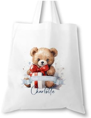 timalo® Große Einkaufstasche Stoffbeutel personalisiert mit Namen Geschenk Weihnachten für Kinder. Männer und Frauen | Teddy-2
