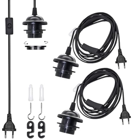 VOMI Lampenfassung E27 Mit Kabel Schwarz, Schalter und Stecker - 2 Stück 1,8m Lampenkabel für DIY Hängelampe, Pendellampe Kit - Lampenaufhängung für Küchen, Esstisch, Loft