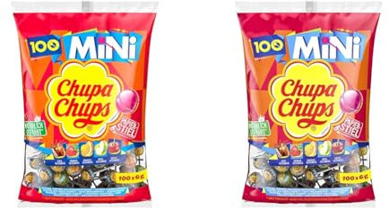 Chupa Chups Mini Classic Lutscher-Beutel, enthält 100 Mini-Lollis in den 5 Geschmacksrichtungen Cola, Orange, Erdbeere, Apfel & Kirsche, 100 x 6g (Packung mit 2)