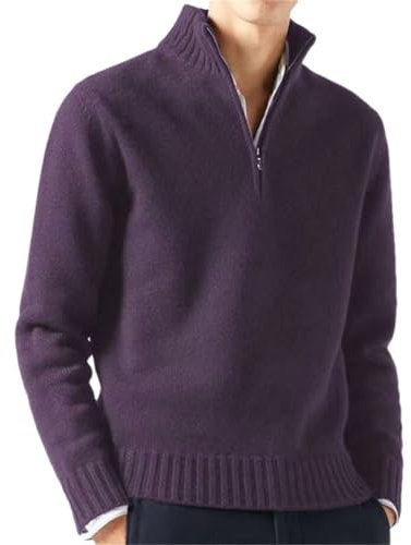 ORANDESIGNE Maglioni Uomo Invernali Striscia Collo Alto con Zip 1/4 Pullover Foderato in Pile Giacca in Maglia Maglione Maniche Lunghe Sweater A Viola 3XL