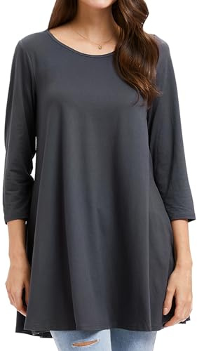 Enmain Dark Grey Tunic Top for Women Causal Long Sleeve Longline Blouse Swing Tunic Top Loose Blouse T Shirt Round Neck Stretch Comfortable Holiday L
