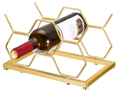 uxcell Casier à vin de comptoir, support de bouteille de vin de table pour jusqu'à 5 bouteilles standard, casier à vin hexagonal autonome pour cave à vin, bar, armoire, doré