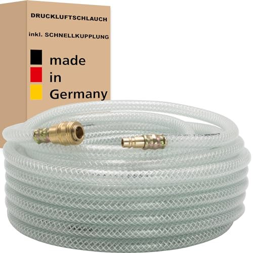 Druckluftschlauch inkl. Schnellkupplung (1/4) Druckschlauch Luftschlauch Lebensmittel Gewebeschlauch Kompressorschlauch- Made in Germany (6 x 12 mm - 25 m, Transparent)
