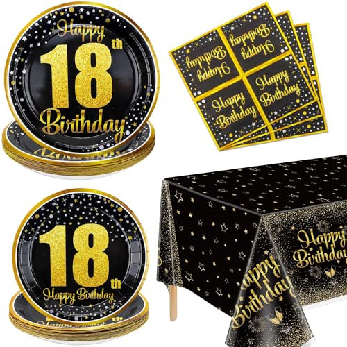 18th Birthday Decorations for Boys Girls - 61 Pcs Plates Napkins 18th Tablecloth Black and Gold Party Decorations Serve 20