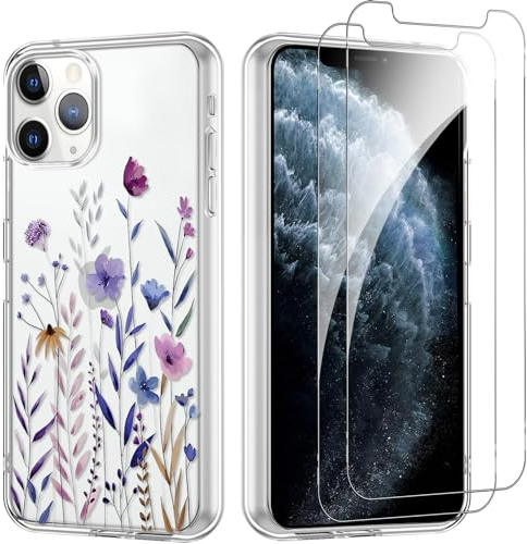 Yoedge Funda para iPhone 11 Pro MAX 6.5’’ con 2 Piezas Cristal Templado Protector Pantalla, Aesthetic Ultra Fina Transparente Carcasa, Antigolpes TPU Silicona Case para iPhone 11 Pro MAX, Hojas
