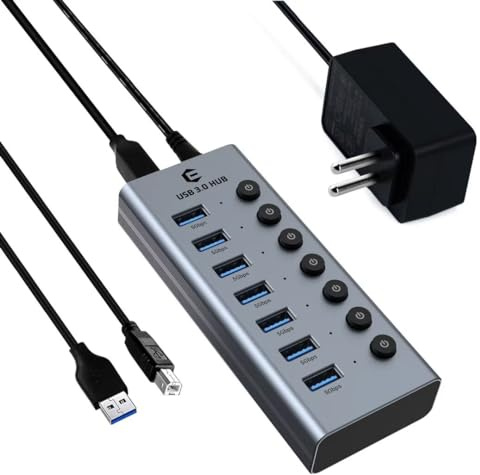 Tymyp USB 3.0 Hub mit Netzteil USB Hub, 7 Port USB Hub Aktiv USB Erweiterung mit individuellen EIN-/Ausschaltern und 1 m langem Kabel für Surface, Laptop, PC, HHD, SSD