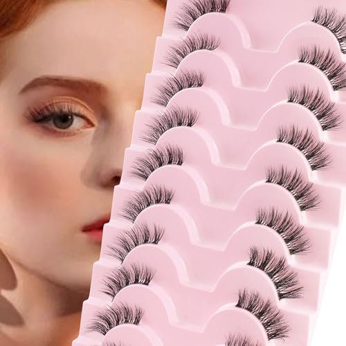 Poiuyoiu Faux Cils avec Bande Transparente Demi-Cils Cils Vaporeux Oeil de Chat 10 Paires Faux Cils Naturels 3/4 Cils Bande Souple Cils Moelleux Coin Cluster Extension de Cils Réutilisable