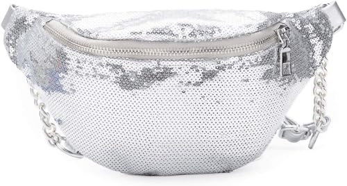 Bauchtasche mit glitzernden Pailletten, glitzernd, mit verstellbarem Gürtel für Damen und Mädchen, weiß, 6.5 x 2.6 x 5.5 inches, Klassisch