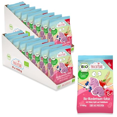 FruchtBar Bio Wundertraum Kekse mit Dinkel, Apfel und Heidelbeere, 16er Vorratsset zuckerfreier Kinder-Snack, für Babys ab 8 Monaten & Kinder, 16x100g