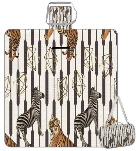 Mularoka Geometrische Picknickdecke, Zebra-Tiger, wasserdicht, sanddicht, faltbar, Stranddecke, 149,9 x 144,8 cm, extra groß, tragbar, waschbar, Outdoor-Matte für Camping, Park, Gras, Wandern, Reisen