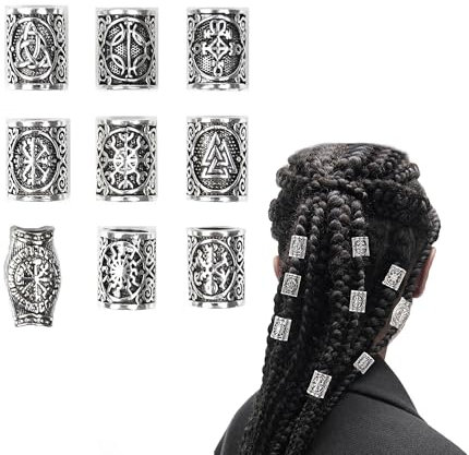 TUKEVA 9 Stück Wikinger Bart Perlen Dreadlocks Schmuck Bart Perlen Set Wikinger Nordische Haarschlauch Für Frauen Männer Zöpfe Dekoration Zum Flechten von Haaren,DIY-Schmuck etc (Silber)