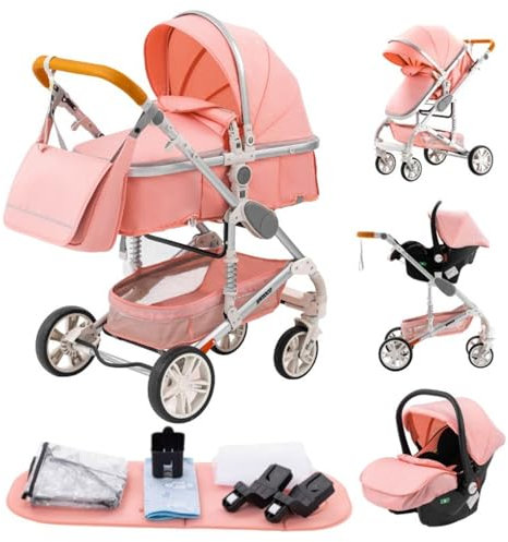 GLOKID Passeggino 3 in 1,Passeggino Canne,Trio,Con Seggiolino Accessori,Adattatori universali,Passeggino per bambini fino a 25 kg,4 ruote con ammortizzatori,navicella,grandi ruote (739 rosa)