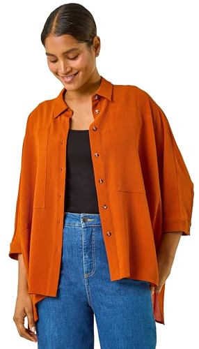 Roman Relaxed Smart Stretch Shirt for Women UK - Ladies Spring Everyday Summer Break 3/4 Length Sleeve Soft Classic Collar Comfy Lightweight Blouse Vacation Tops - Rust - Size 12