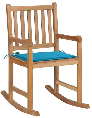 Sufrk Schaukelstuhl mit Blauem Kissen Massivholz Teak Schwingsessel Lesesessel Bequem