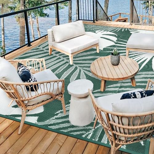 Capslpad Waterproof Leaves Outdoor Rug 180x270cm Reversible Lightweight Plastic Straw Rug Recycled Portable RV Travel Rugs Picnic Blanket Mat for Garden Backyard Camping BBQ Deck Beach, Dark Green