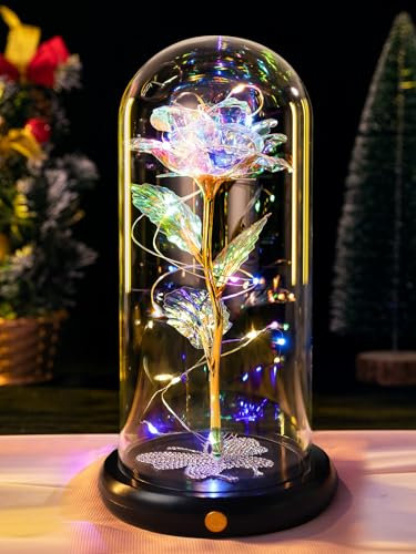 DEEMEI Eternal Rose Flowers Birthday Gifts for Women, for Mum Her, Upgraded USB Galaxy Crystal Rose in a Glass Dome LED Light-Up Presents for Anniversary Wife Grandma, Rainbow