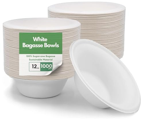 CaterCo Bagasse Sugarcane 12oz / 340ml Bowls - Strong, Disposable, Biodegradable, Compostable Eco-Friendly White Paper Bowl for Soup, Salad, Dessert, Party, BBQ - 12oz Bowls - 1000 Pack
