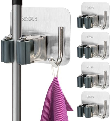 Stormshopping 6 Pcs Mop Broom Holder, Stainless Steel Self Adhesive Mop Holder Wall Mounted with Hooks Hanger Self-Adhesive Broom Holder (Siver Mix)