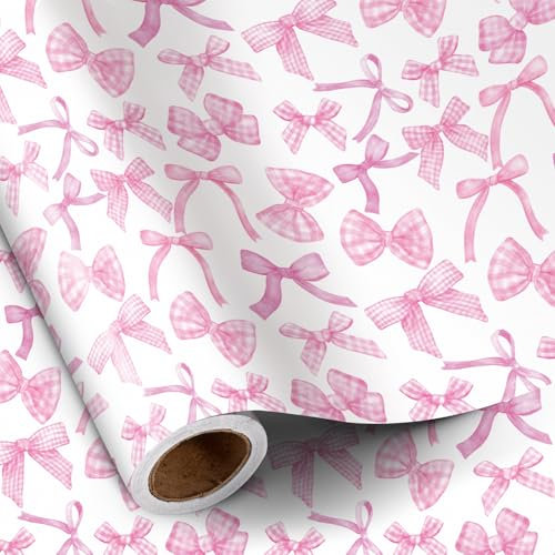 RUSPEPA Rosa Geschenkpapier mit Schleife für Mädchen und Frauen,Gingham-Geschenkpapier mit Schleife, Perfekt für Babypartys, Geburtstage, Hochzeiten, Brautpartys und Valentinstag, 43,2 cm x 5 m