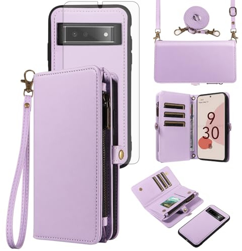 Asuwish Coque pour Google Pixel 6 Portefeuille avec Verre Trempé et Cordon Porte Carte Magnétique Chaine PU Cuir à Clapet Étui Housse Support Pixel6 Vitre Protection Ecran Téléphone Case Femme Violet