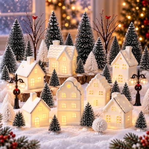 Wesiti 28 Pcs Ceramic LED White Christmas Village Set Include 8 LED White Christmas Village Houses 18 Xmas Trees 2 Lamp Post Scenes Decor Xmas Figurine Decoration Tabletop Mantel Shelf(Cute)