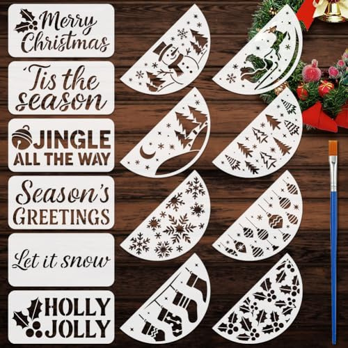 FINGERINSPIRE 14 Stück Weihnachts Türschild Malschablone Mit Pinsel 30x15cm Rechteck/Halbkreis Frohe Weihnachten Schneemann Baum Zeichenvorlage Weihnachtsdekoration Schablone Für Zuhause Heimwerker