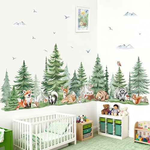 wondever Wandtattoo Baum Groß Tiere Wandsticker Kiefer Waldtiere Bär Hirsch | Abziehen und Aufkleben, Abziehbar, Wandaufkleber Selbstklebend für Kinderzimmer Babyzimmer Schlafzimmer Wanddeko