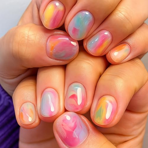 Trendy Watercolor Marble Press on Nails with Soft Pastel Swirls in Pink Orange Blue Purple Short False Nails Fake Stick on Tips Wraps Reusable Salon-Quality Finish