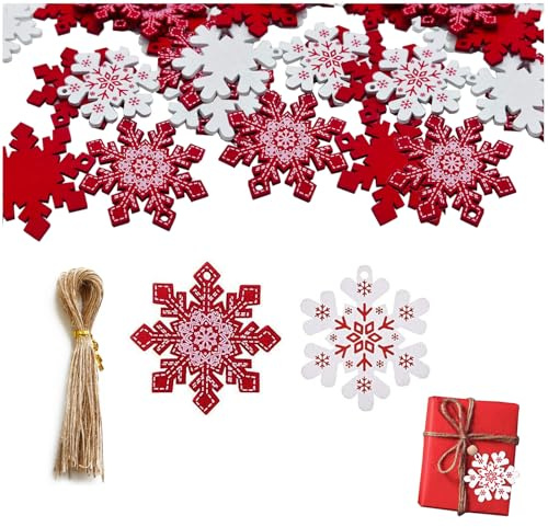 50 articoli fiocchi di neve decorativi, sagome legno natale, addobbi natalizi in legno, fiocchi di neve da appendere, fiocchi decorativi, fiocchi per albero di natale con 50 corda di canapa (A)
