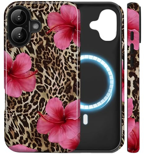 Amzfield Magnetic Case for iPhone 16, for MagSafe Floral Leopard Cute, Red