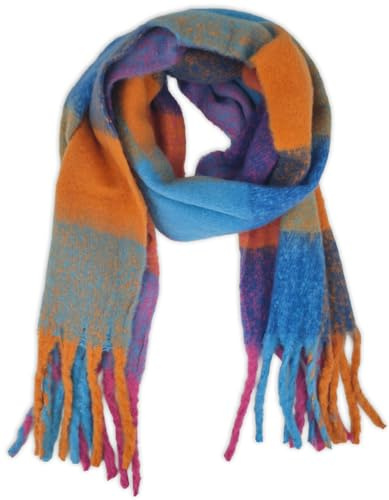 styleBREAKER Damen Webschal mit Karo Muster | Langer Schal mit dicken, langen Fransen | weicher Winter Strickschal warmes Material Stola, Farbe:Türkis-Pink-Orange