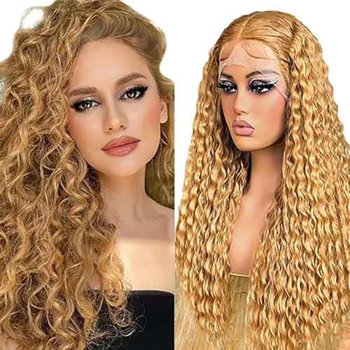 Shoaiye 13x6 Lace Front Echthaar Perücke Damen Deep Wave Human Hair Wig Wear and Go Glueless Remy 150% Density Pre Plucked Natural Hairline Honey Blonde Color for Woman 32 Inch