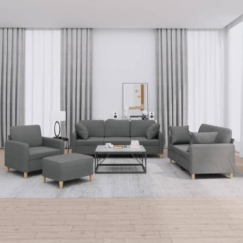 Yisssmeng 4-TLG. Sofagarnitur Dunkelgrau Modernes Wohnzimmer Sofa Set mit Hocker & Kissen 198 x 77 x 80 cm Stoff Sessel 2-Sitzer 3-Sitzer Couchgarnitur für Livingroom Schlafzimmer Büro