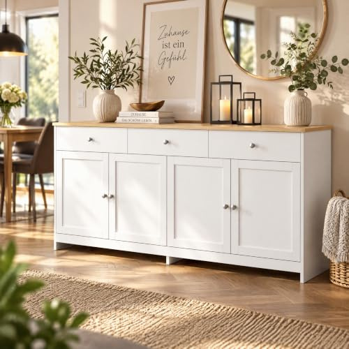 KOOPMAD Küchenschrank,Aufbewahrungsschrank mit 3 Schubladen und 4 Türen,verstellbare Ablage,Sideboard mit Offenem Regal,160x37x75cm,Landhausstil,Buffets für Küche,Wohnzimmer, Weiß