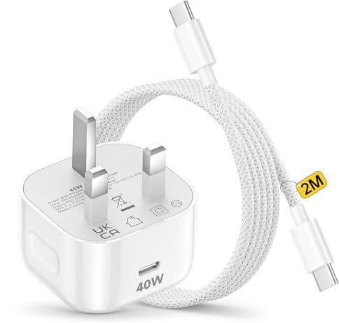 40W USB C Charger Plug, PD/PPS, 2m Cable, Fast Charging for iPhone 17/16/15 | 40W charger and 2m braided USB-C cable set; USB PD for the latest iPhone series (17/16/15), plus PPS for Galaxy S26/S25/S24.