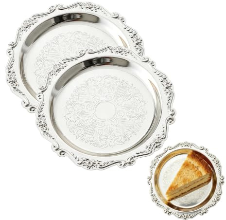 NIVRAIN 2 Stück Silbertablett, Retro Vintage Desserttablett, Raffiniert Deko Tablett Silber, Geeignet für Aufbewahrung auf dem Schreibtisch, Platzierung von Duftlampen, Servieren von Snacks (A)