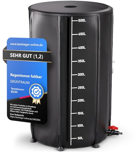 GRÜNTRAUM Regentonne faltbar 500L – Regenfass groß/Regenwassertonne/Wassertank faltbar – Wasserfass stabil – witterungsbeständig – mit Füllstandsanzeige & Air Wing System Garten (Schwarz)