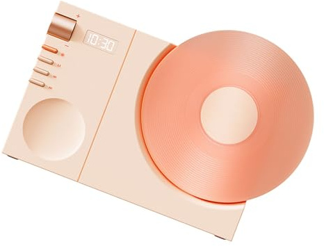 Bewinner Vintage-Player-Lautsprecher, Retro-Bluetooth-Lautsprecher mit Digitaluhr und UKW-Radio, Wiederaufladbarer Kabelloser für Heimbüro-Dekor, Tragbarer Geometrischer (PINK)