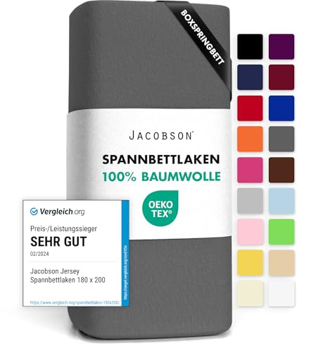 Jacobson Jersey Spannbettlaken Spannbetttuch Baumwolle Bettlaken (180x200-200x220 cm, Anthrazit)