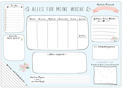 Schreibtischunterlage Papier zum Abreißen - DIN A3 (42 x 29,7 cm) Schreibunterlage aus Papier mit 25 Blatt - Papierunterlage für Kinder und Erwachsene - Abrissblock mit Wochenplaner in Blau
