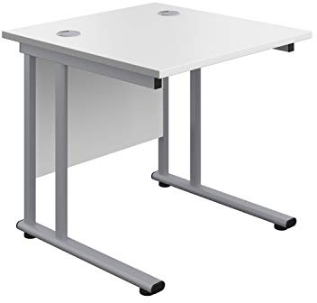 Office Hippo Heavy Duty Rectangular Cantilever Office Desk, Home Office Desk, Office Table, Integrated Cable Ports, PC Desk For Office or Home, 5 Yr Wty - Silver Frame/White Top, 80cm x 80cm