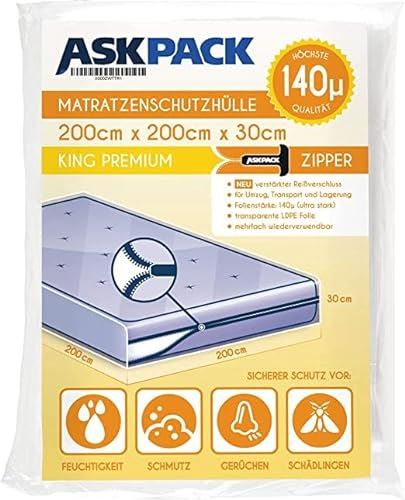 ASK Pack Matratzenschutzhüllen mit Anker-Reißverschluss - Größen von XS bis XXL, Wasserdicht, Reißfest, Ultra Starkes Material 140 mikron - Ideal für Umzug, Lagerung und Transport - 200x200 cm
