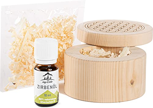 myZirbe Zirbenschale verschließbar graviert mit der Blume des Lebens inkl 10ml Zirbenöl - Zirbendose aus Zirbeholz Schale mit Zirbenspänen gefüllt