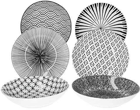 MamboCat Seoul 6er Suppen-Teller-Set schwarz-weiß I modernes Design-Teller-Set für 6 Personen I extravagante Steingut-Teller mit Muster - tiefe Pasta-Teller Ø 20 cm I große Teller tief 6 Stück